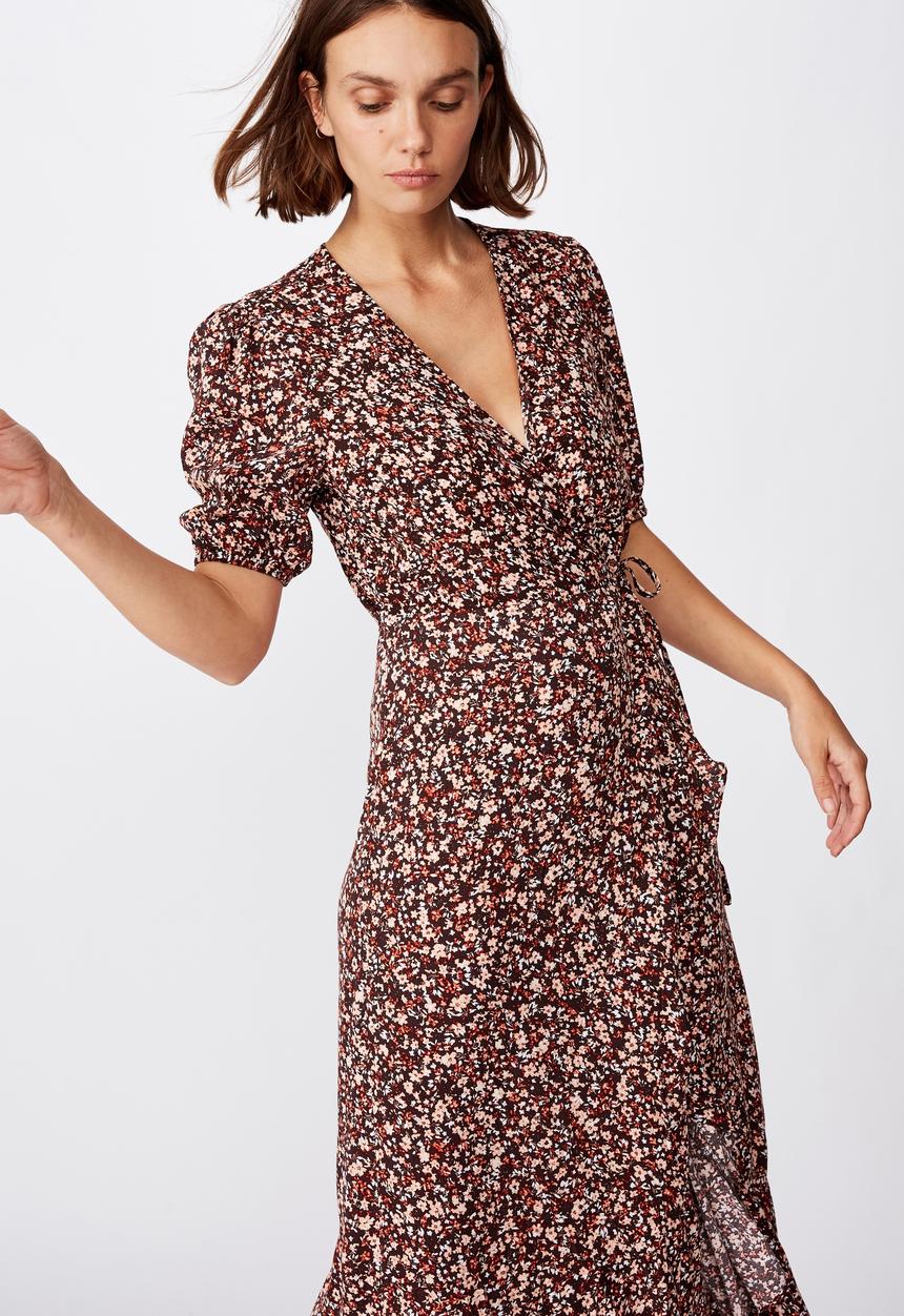 Cotton On - Woven Ri ruffle wrap maxi dress bronte ditsy - canyon sunset