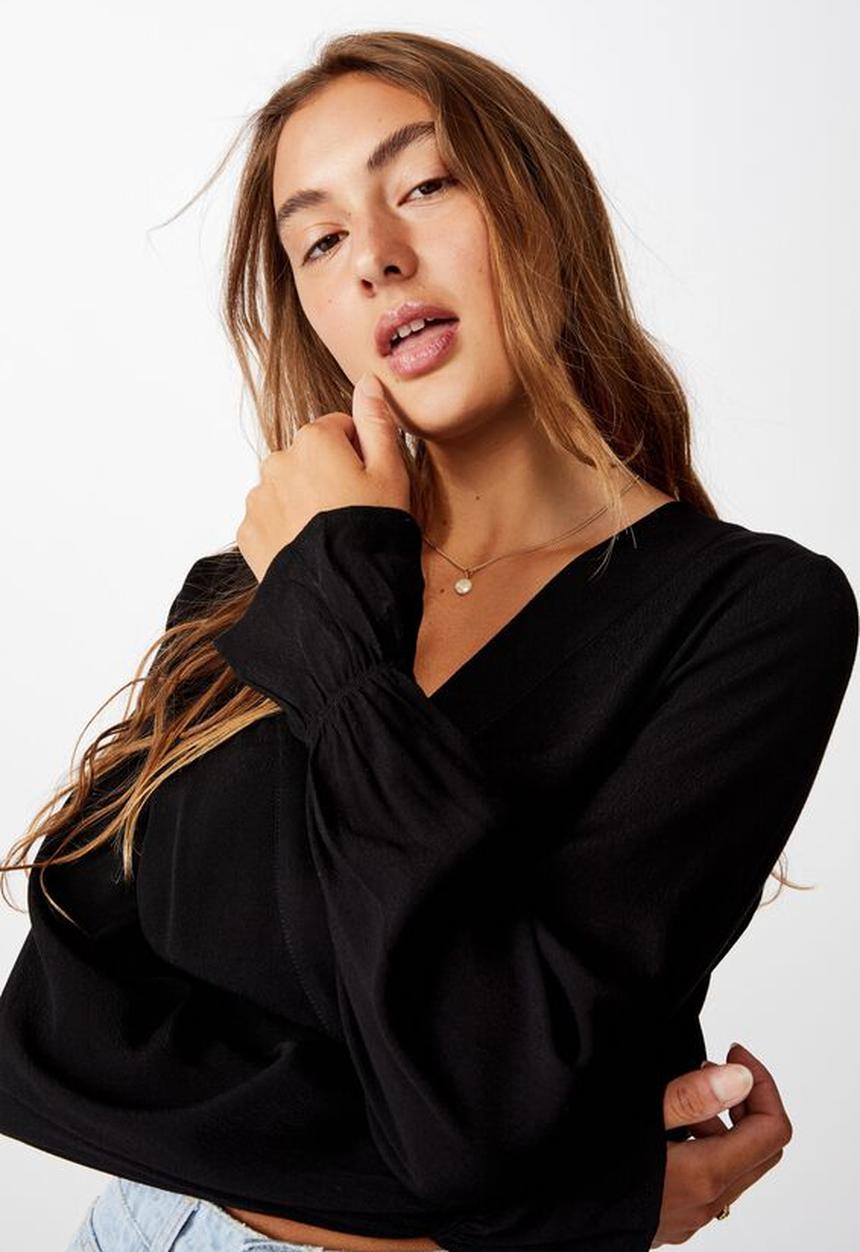 Cotton On - Hailey long sleeve wrap blouse - black
