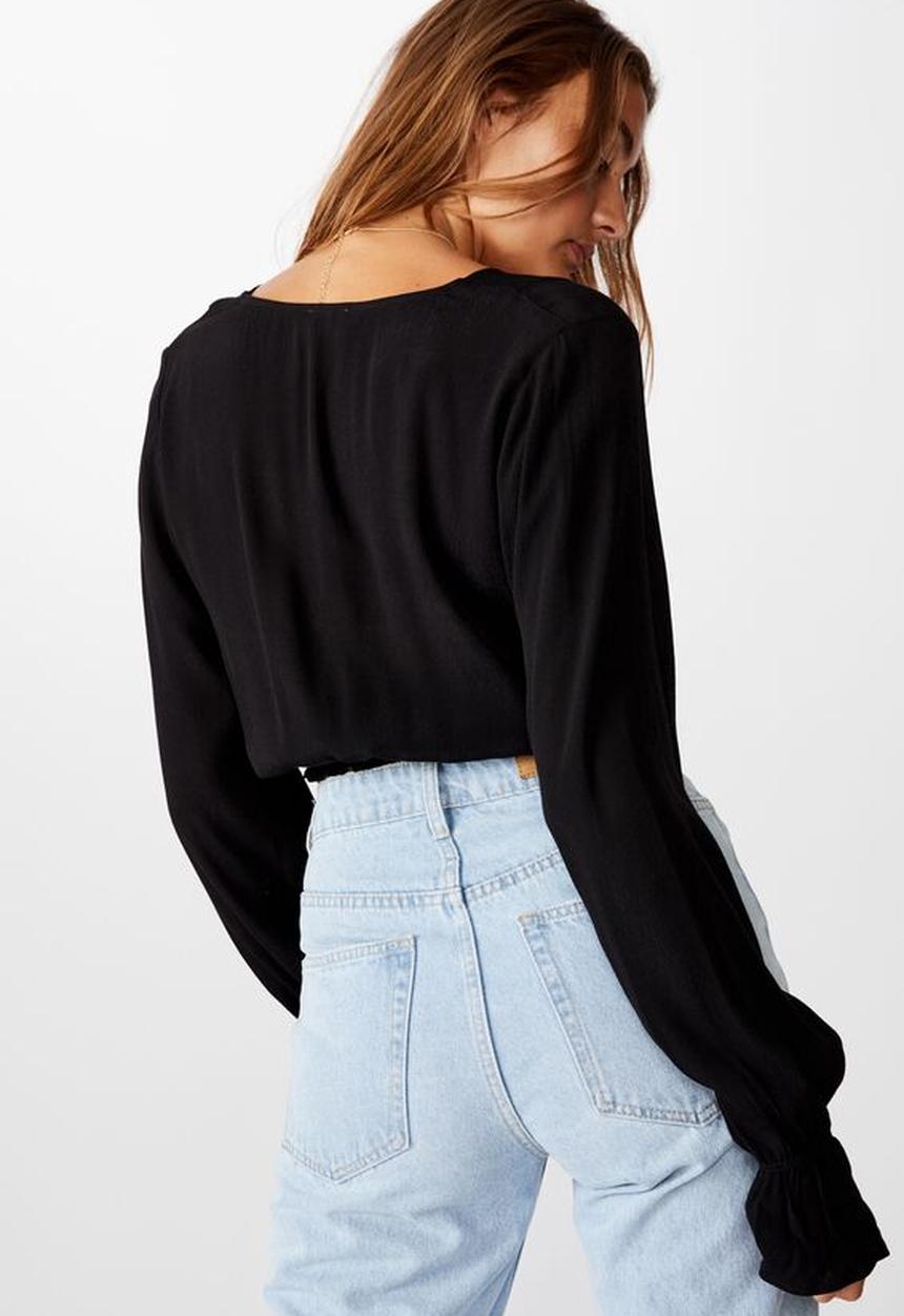 Cotton On - Hailey long sleeve wrap blouse - black