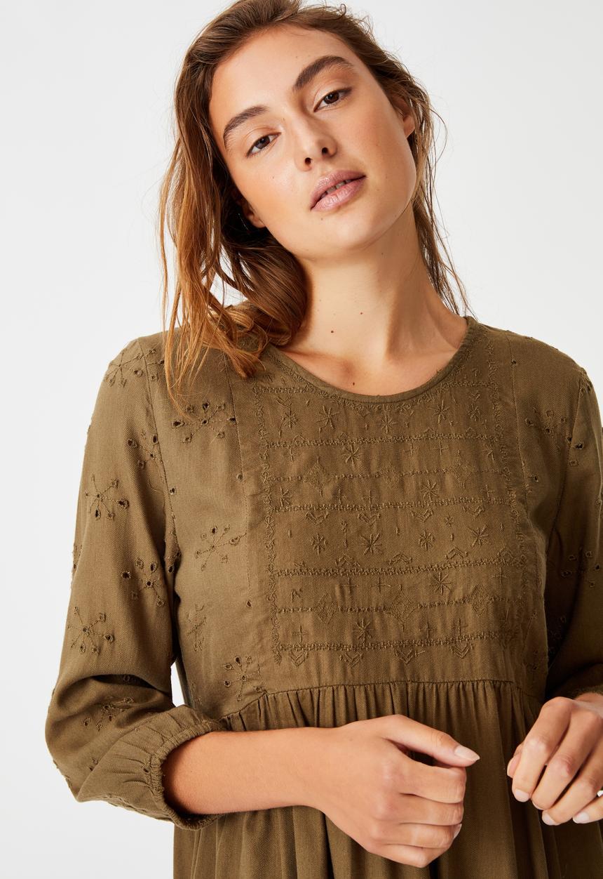 Cotton On - Woven Bethany broiderie babydoll mini dress - dark olive