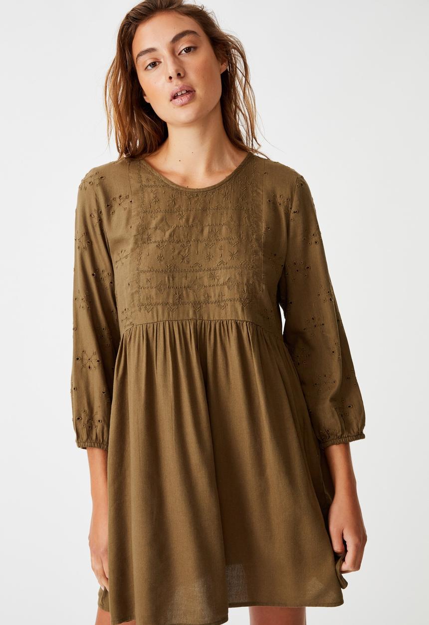 Cotton On - Woven Bethany broiderie babydoll mini dress - dark olive