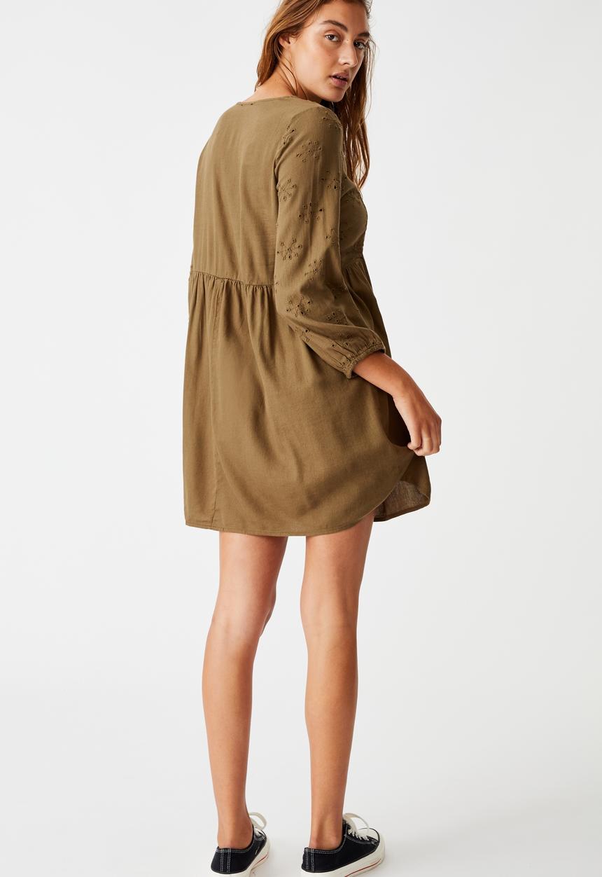 Cotton On - Woven Bethany broiderie babydoll mini dress - dark olive