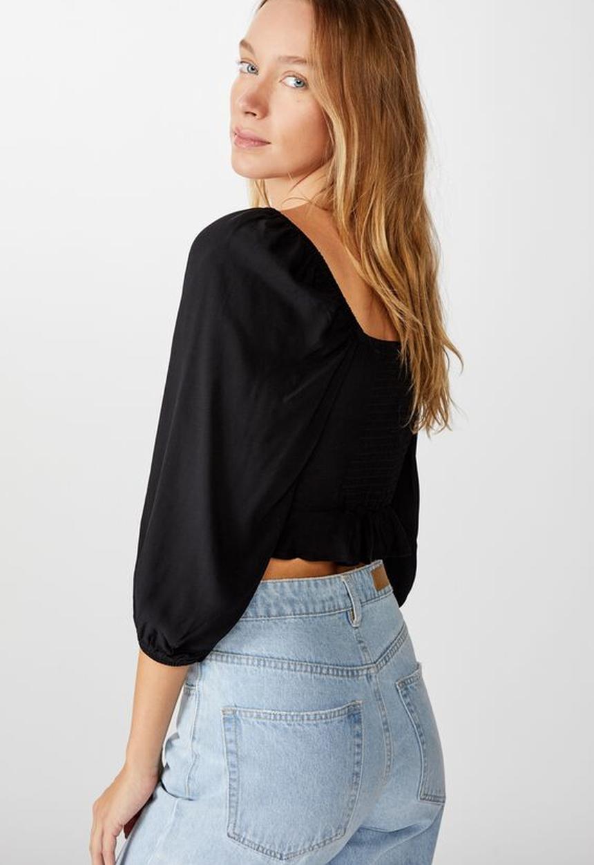 Cotton On - Jessie tie front blouson sleeve blouse - black