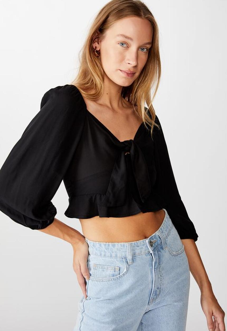 Cotton On - Jessie tie front blouson sleeve blouse - black