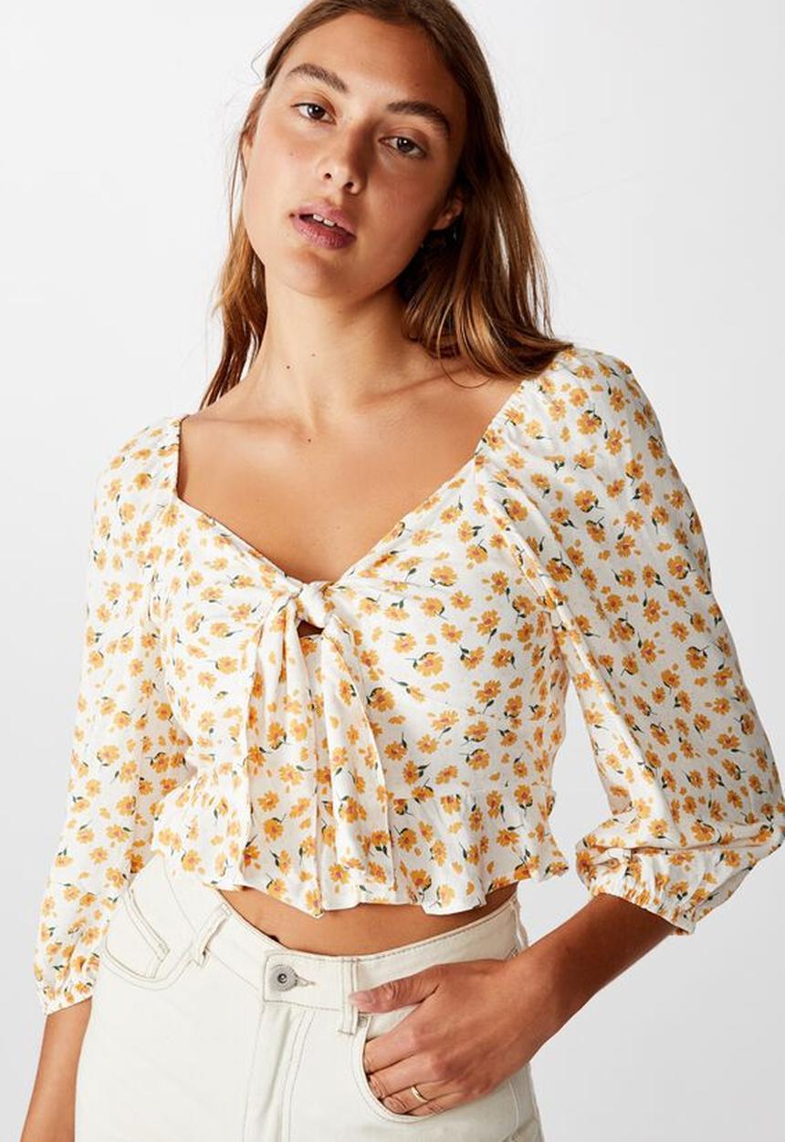 Cotton On - Jessie tie front blouson sleeve blouse Chloe daisy - white
