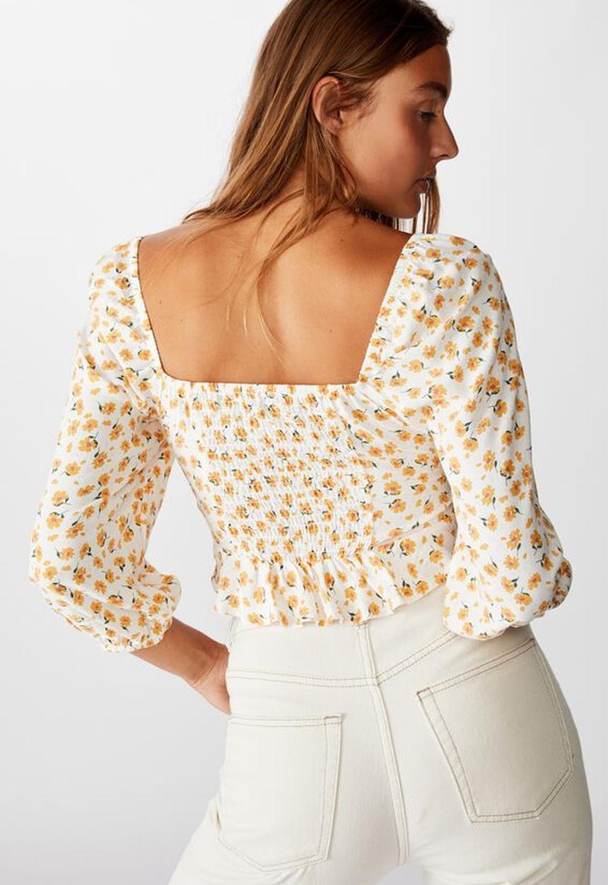 Cotton On - Jessie tie front blouson sleeve blouse Chloe daisy - white
