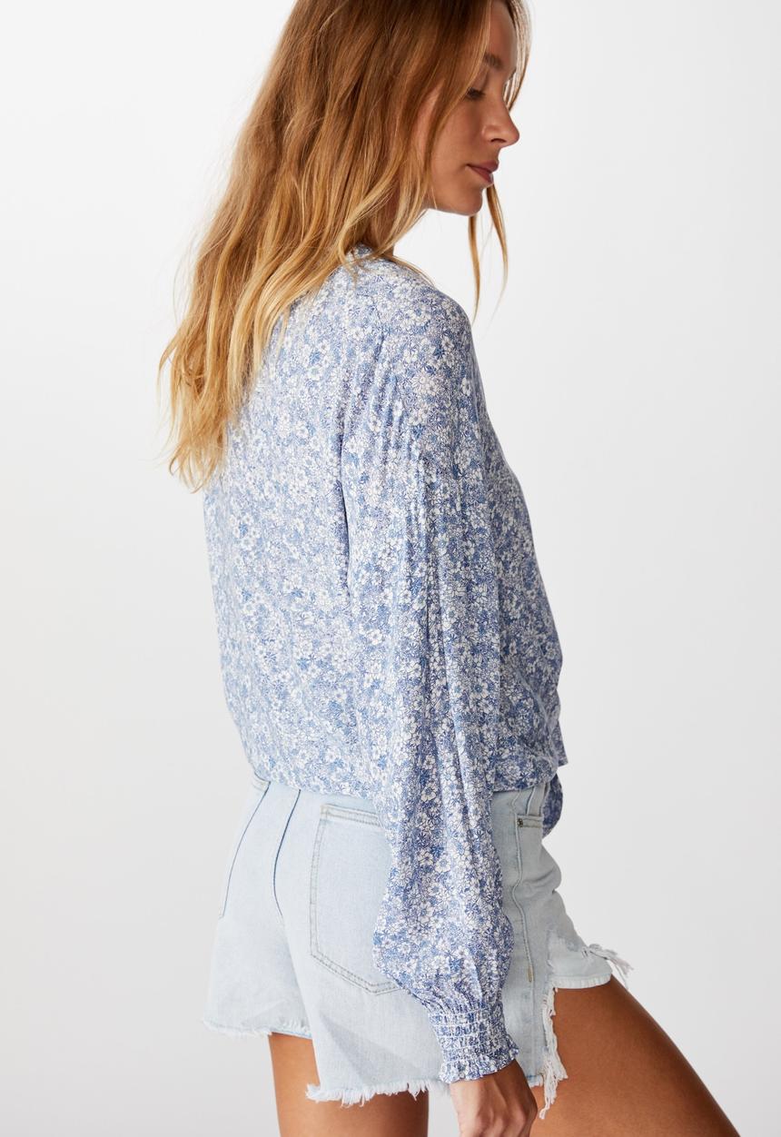 Cotton On - Tie front lw long sleeve blouse stephanie floral - blue & white 