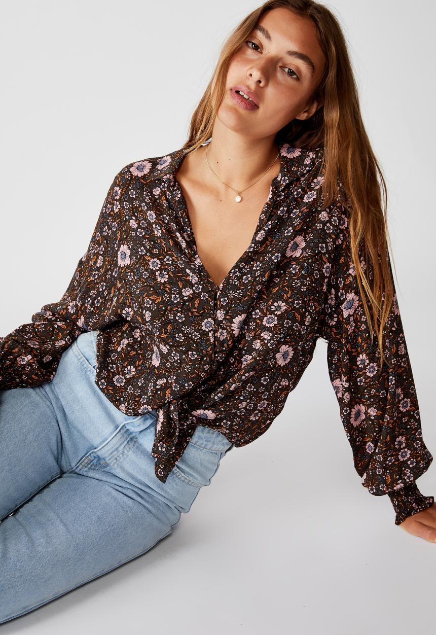 Cotton On - Tie front lw long sleeve blouse jordan floral - raven