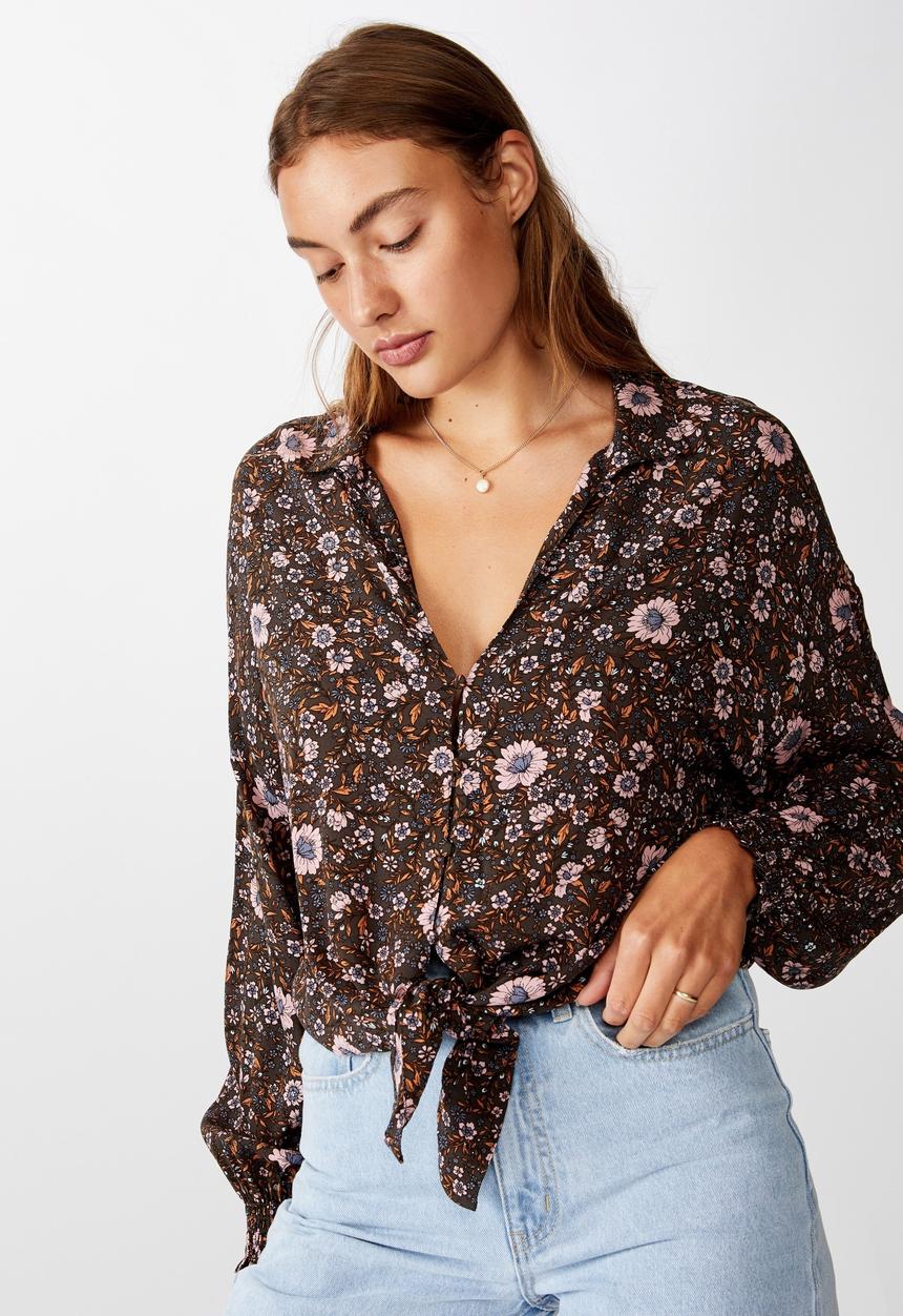 Cotton On - Tie front lw long sleeve blouse jordan floral - raven