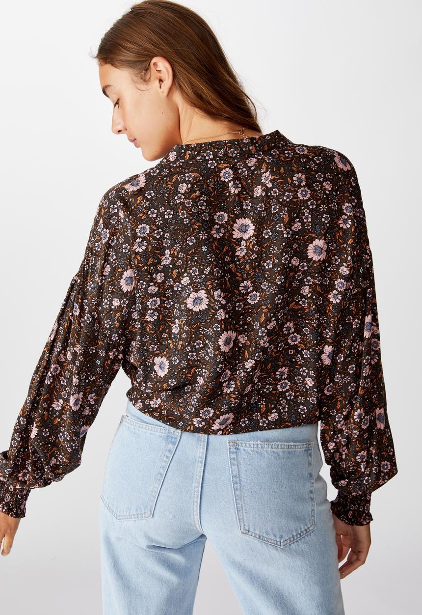 Cotton On - Tie front lw long sleeve blouse jordan floral - raven