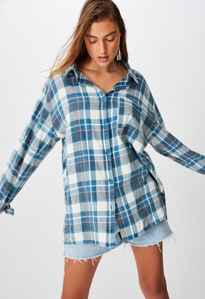 Cotton On - Relaxed flannel shirt Stacey check - moroccan blue