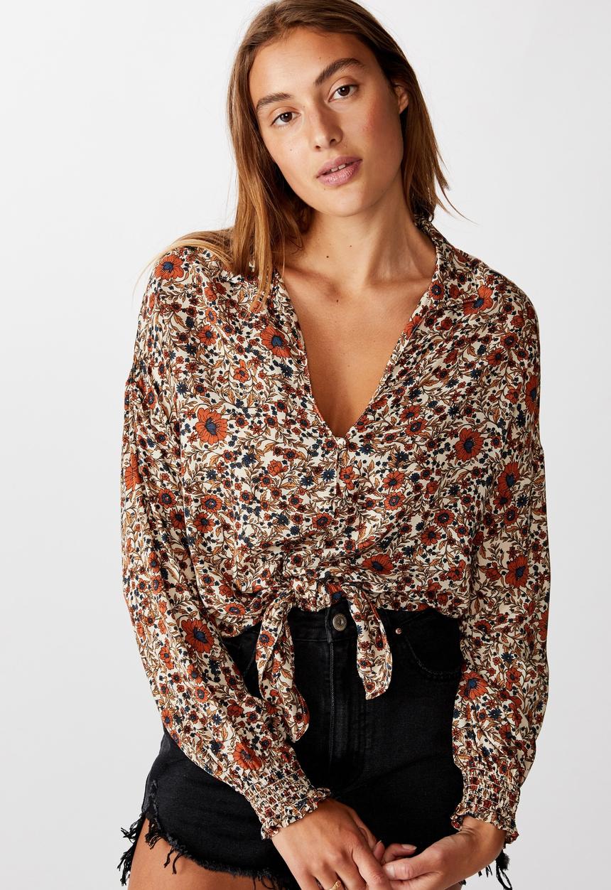 Cotton On - Tie front lw long sleeve blouse jordan floral - multi