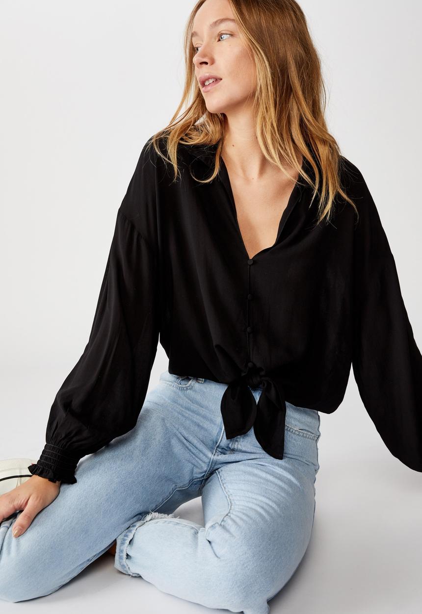 Cotton On - Tie front lw long sleeve blouse - black