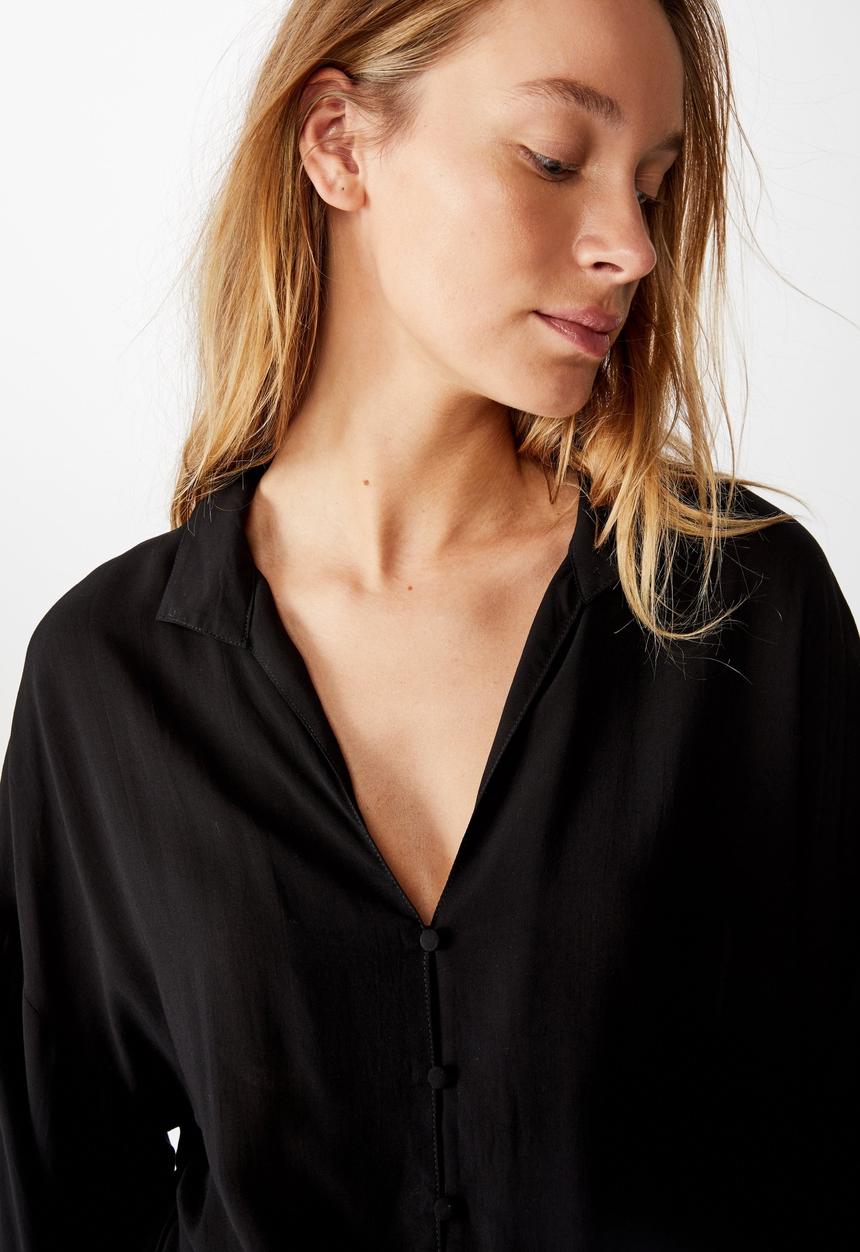 Cotton On - Tie front lw long sleeve blouse - black