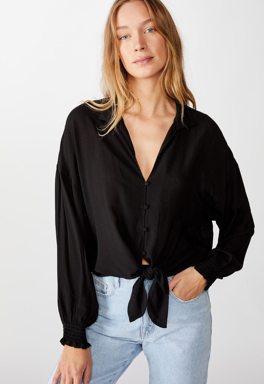 Cotton On - Tie front lw long sleeve blouse - black