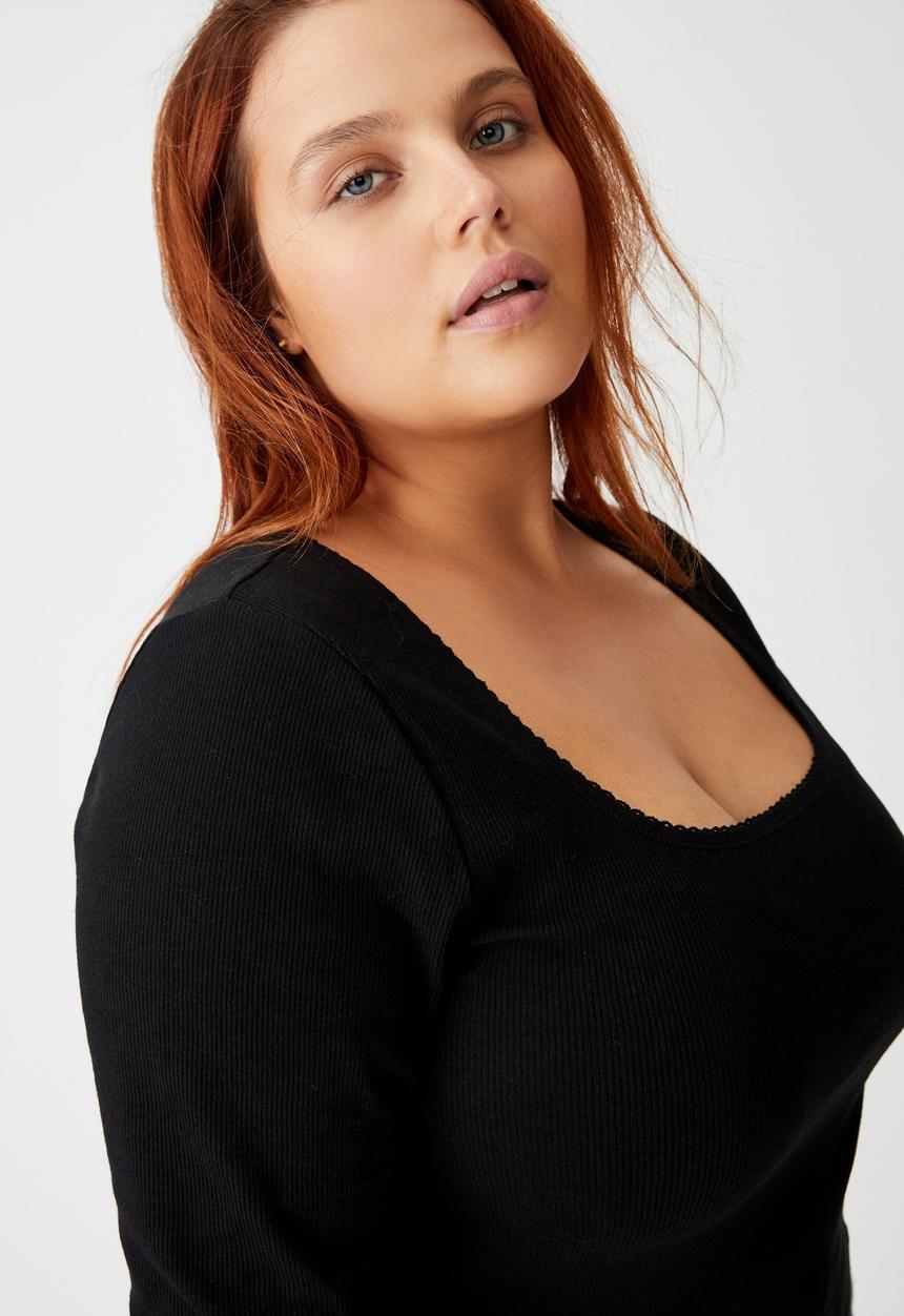 Cotton On - Curve sweetheart square neck long sleeve top - black
