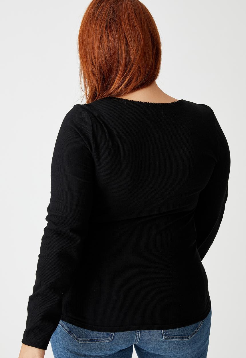 Cotton On - Curve sweetheart square neck long sleeve top - black