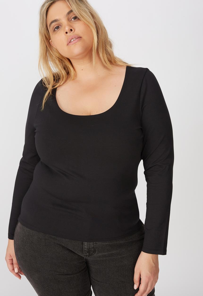 Cotton On - Curve everyday long sleeve scoop top - black