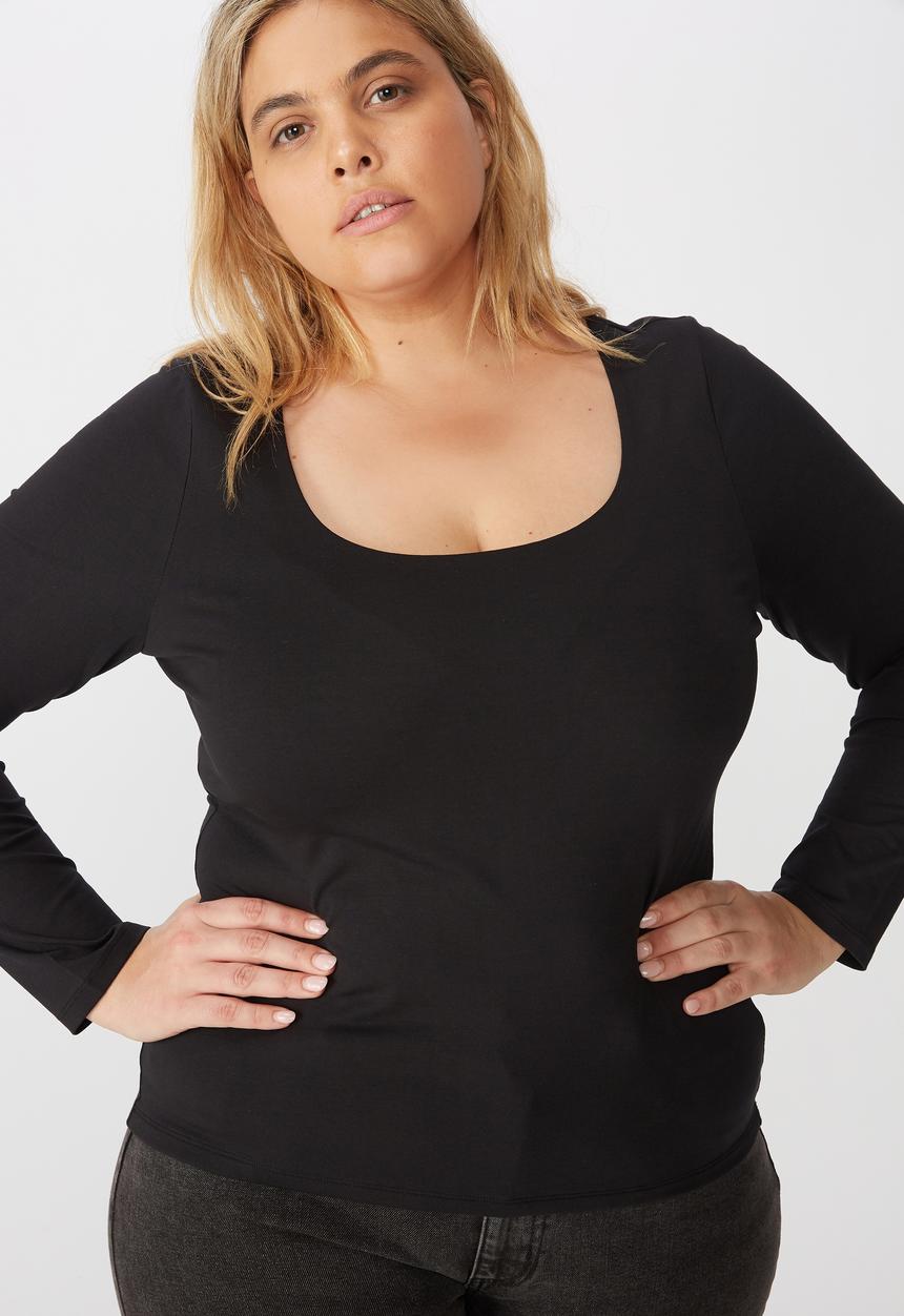 Cotton On - Curve everyday long sleeve scoop top - black