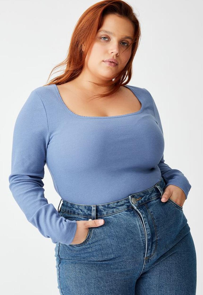 Cotton On - Curve sweetheart square neck long sleeve top - infinity blue