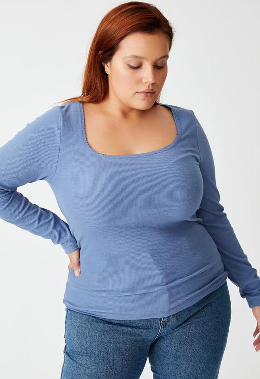 Cotton On - Curve sweetheart square neck long sleeve top - infinity blue
