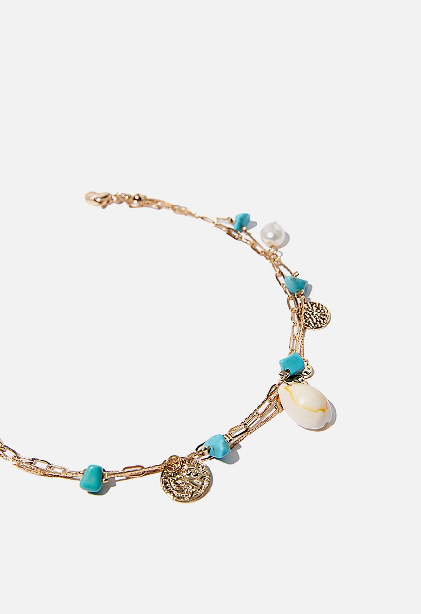 Rubi - Shell chain links anklet - gold & turquoise
