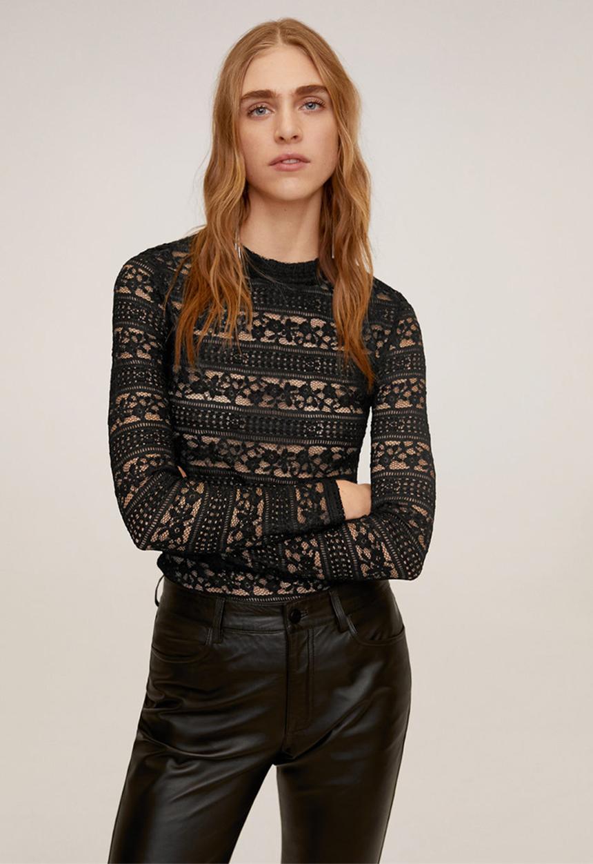 MANGO - T-shirt encaje - black