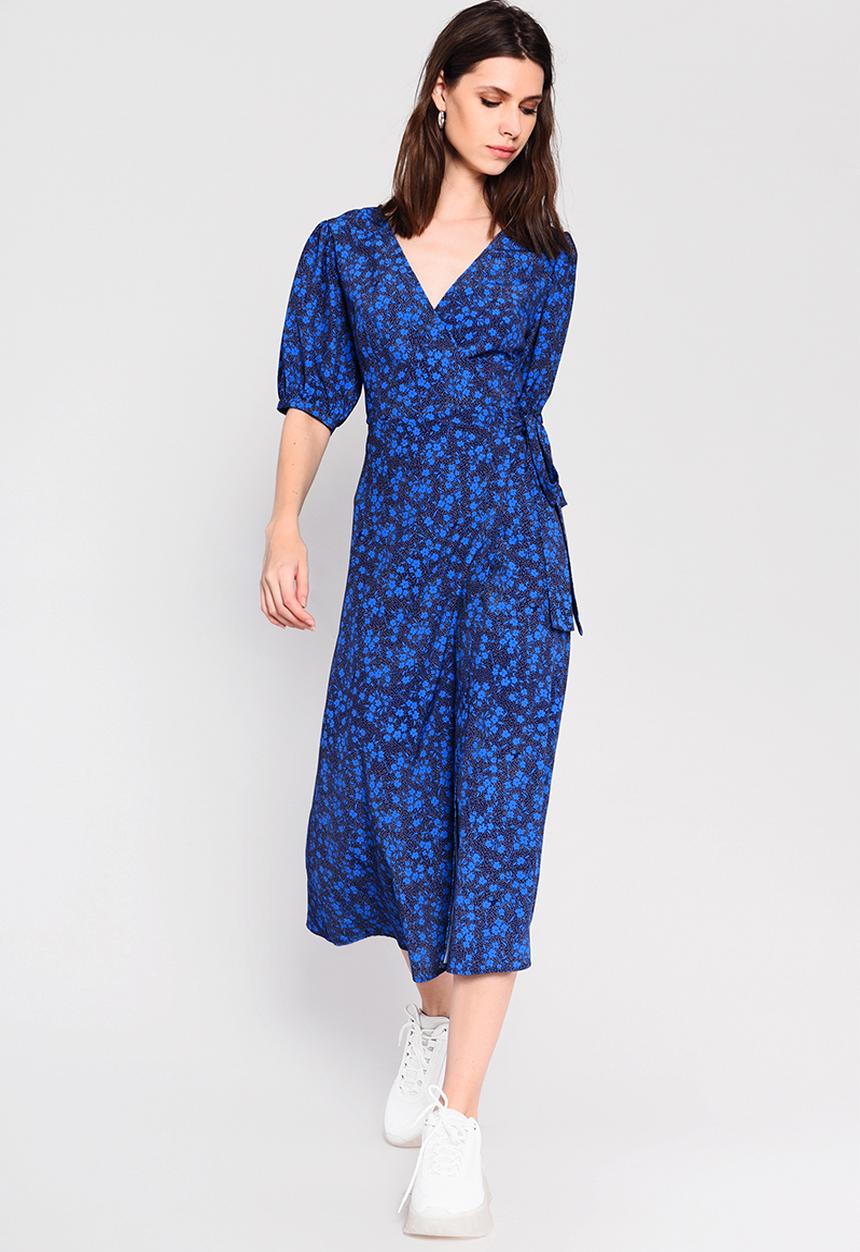 Glamorous - Ditsy floral midi wrap dress - blue 
