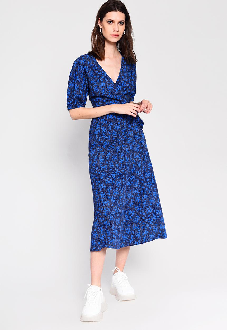 Glamorous - Ditsy floral midi wrap dress - blue 