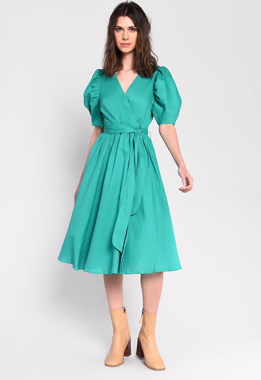 Glamorous - Full skirt wrap dress with puff sleeve - green
