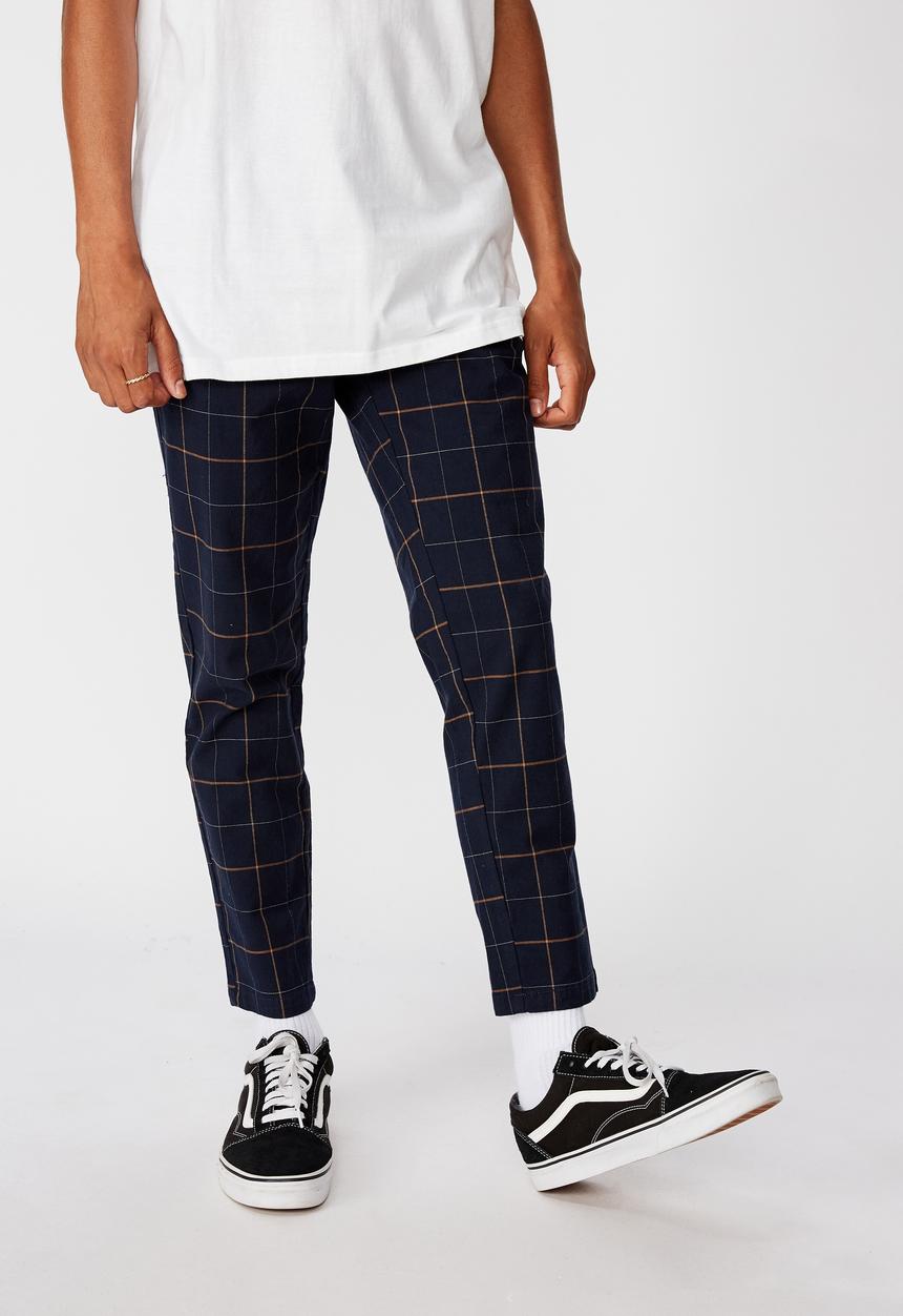 Factorie - Shadow pane check slim tapered leg pant - navy