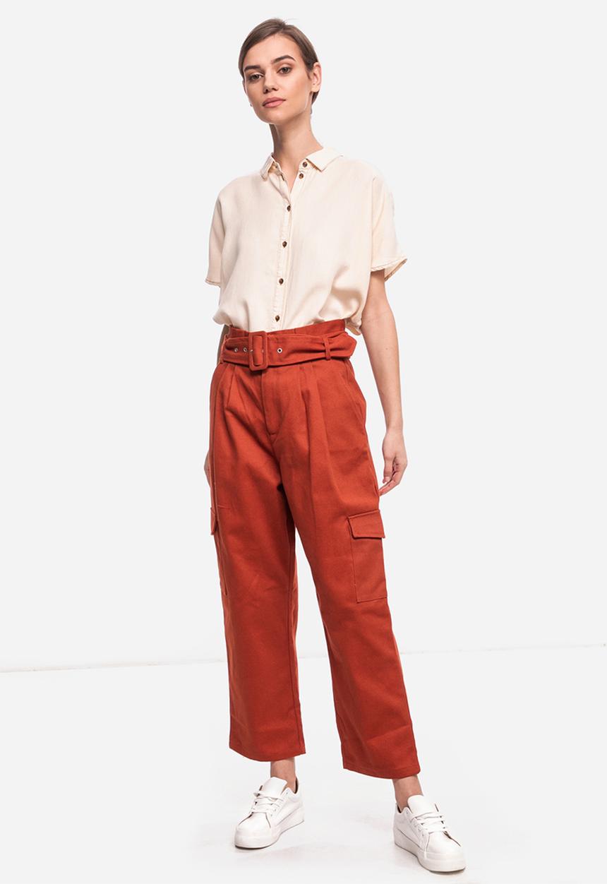 Glamorous - Petite high waisted belted cargo trouser  - rust
