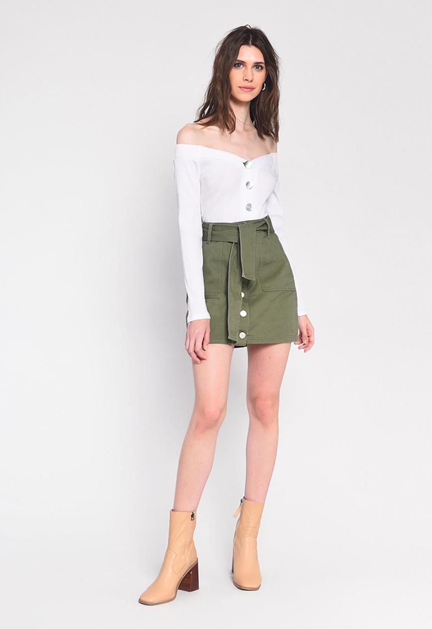 Glamorous - Petite button through mini skirt with tie belt - khaki
