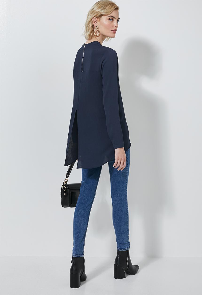 Superbalist - Longline high neck blouse with zip detail - navy