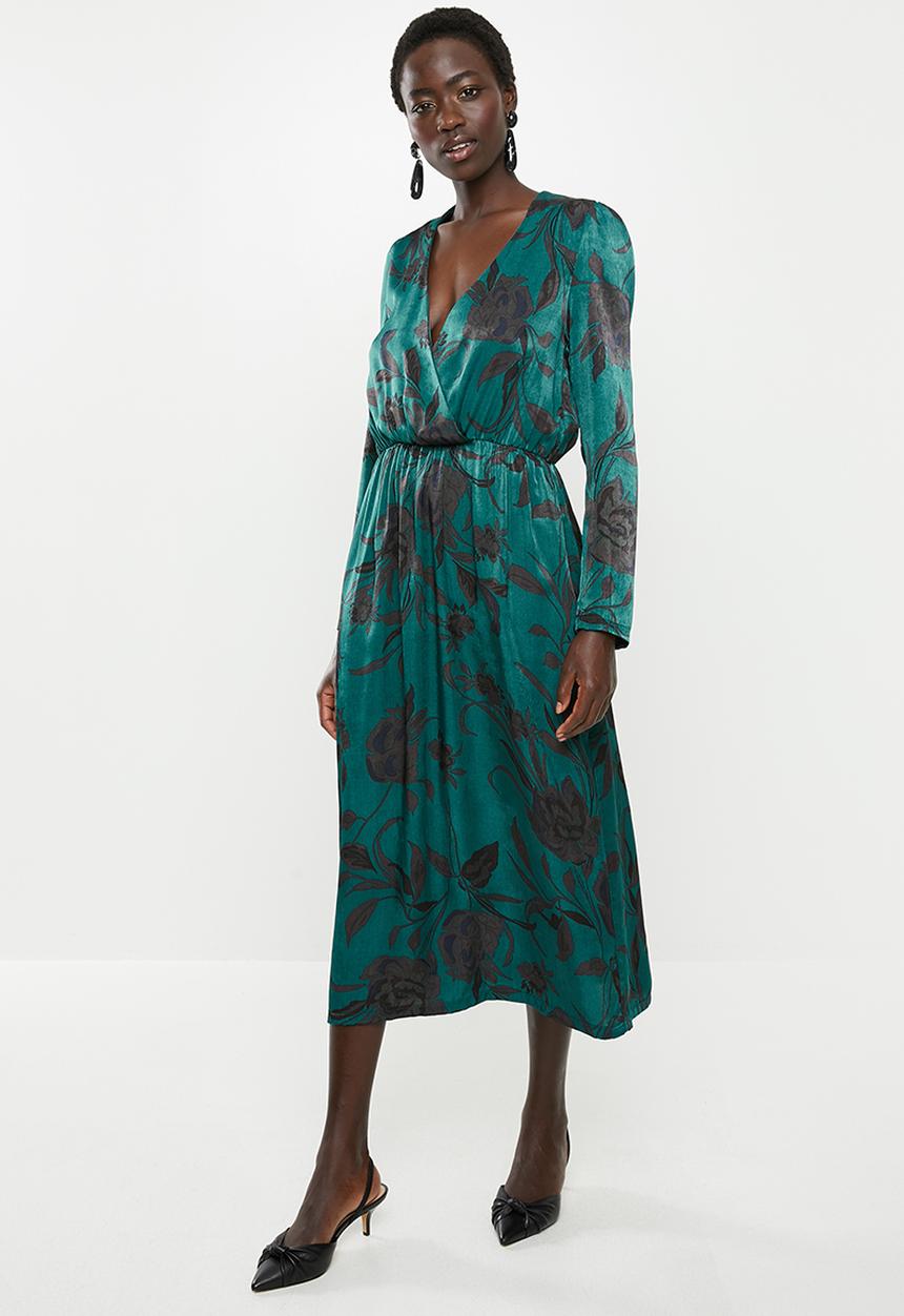 edit - Long sleeve crepe mock wrap midi dress - green & black