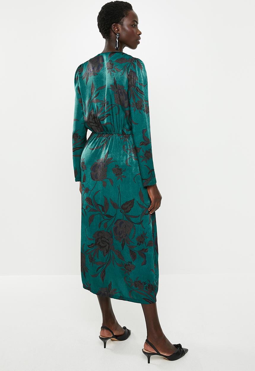 edit - Long sleeve crepe mock wrap midi dress - green & black