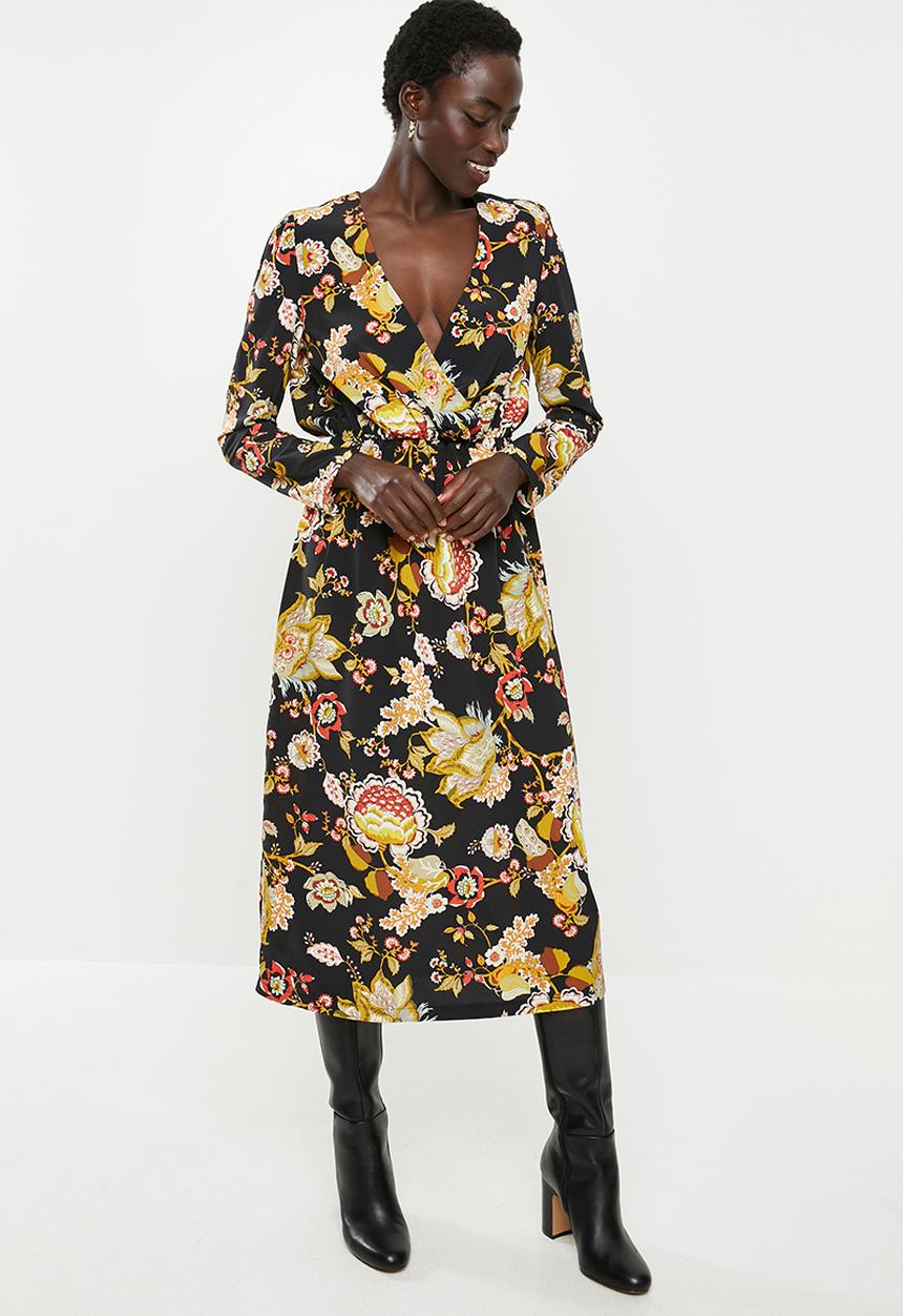 edit - Longsleeve crepe mock wrap midi dress - multi