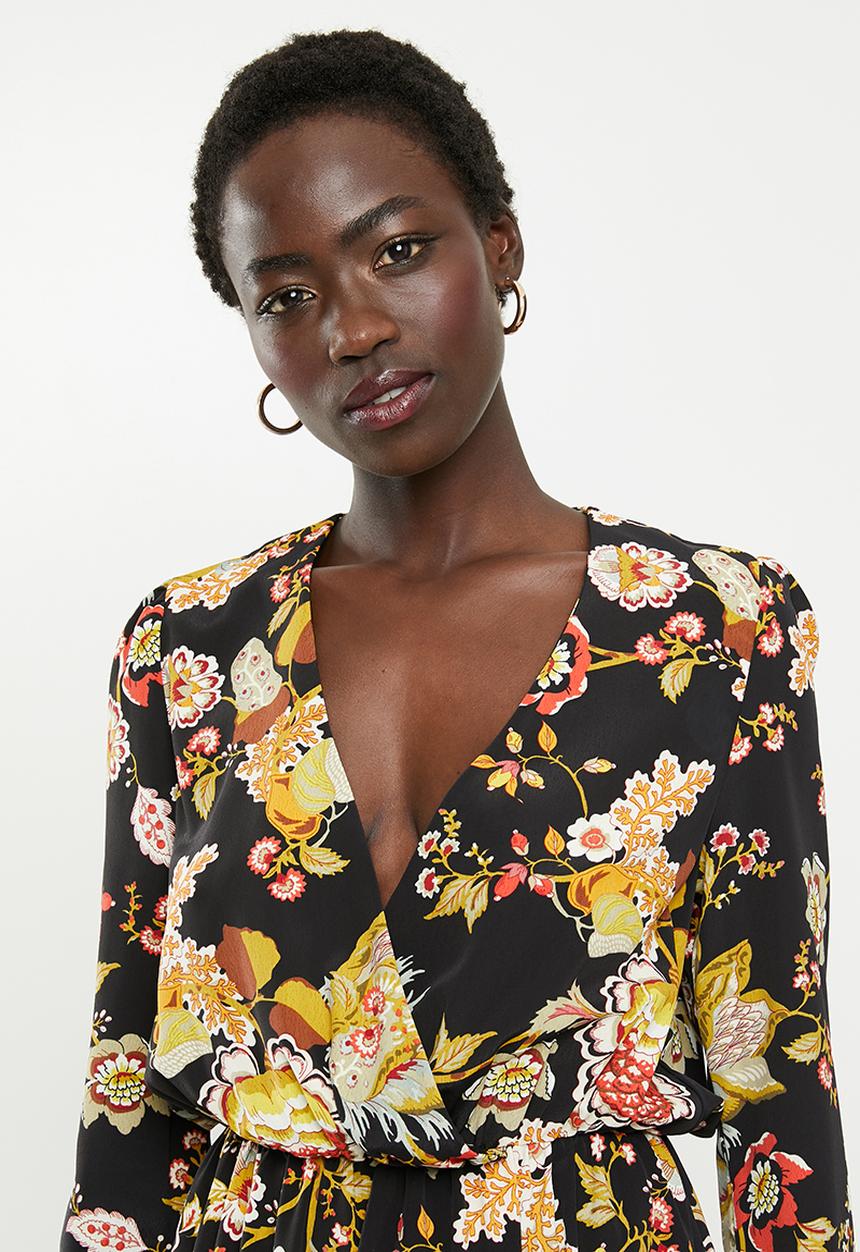 edit - Longsleeve crepe mock wrap midi dress - multi