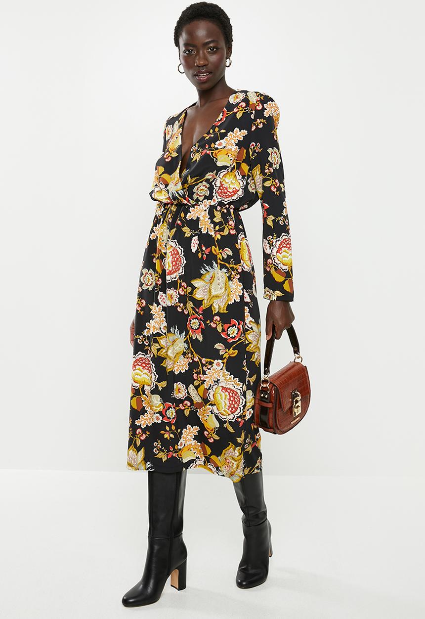 edit - Longsleeve crepe mock wrap midi dress - multi