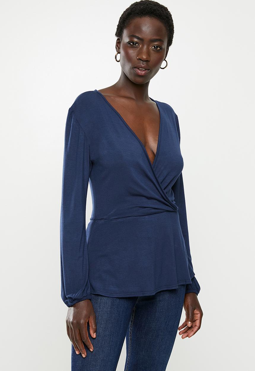 edit - Long sleeve waisted mock wrap top - navy