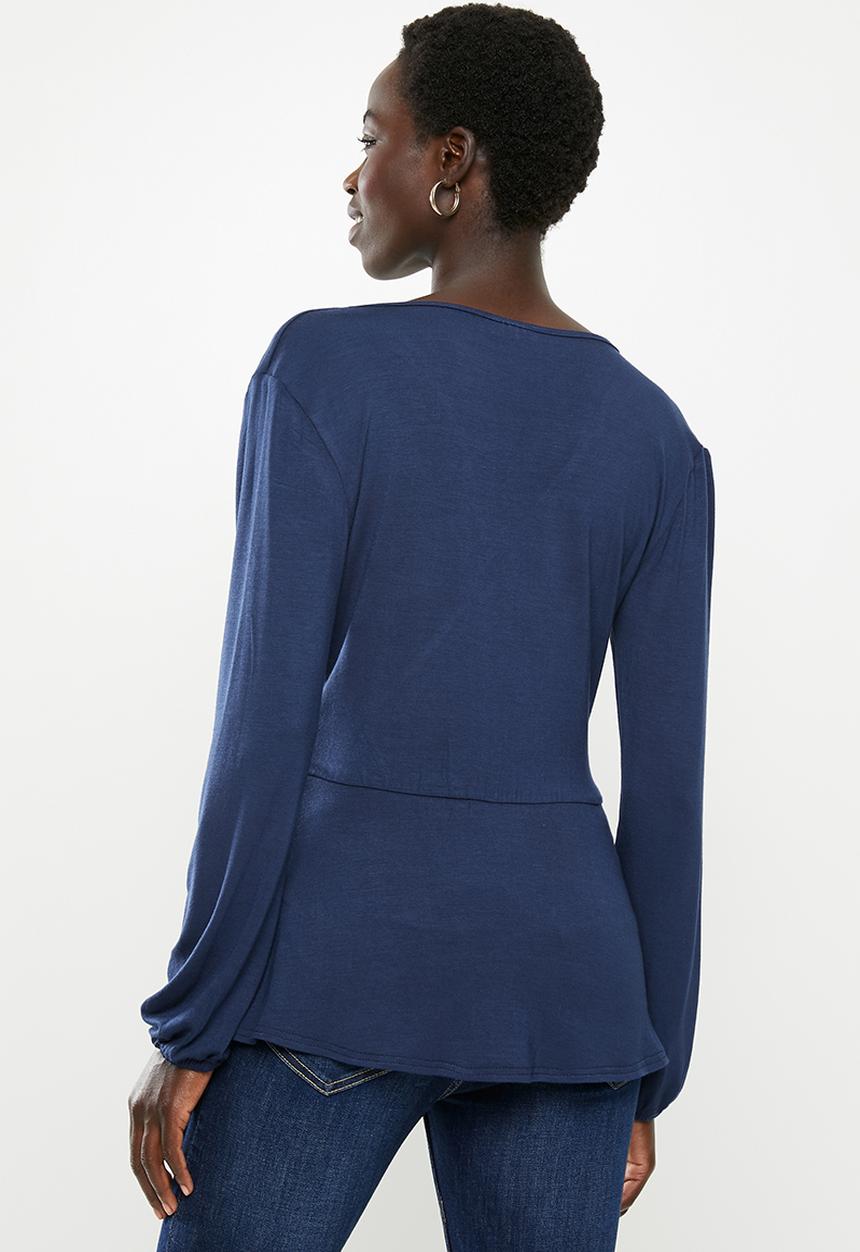 edit - Long sleeve waisted mock wrap top - navy