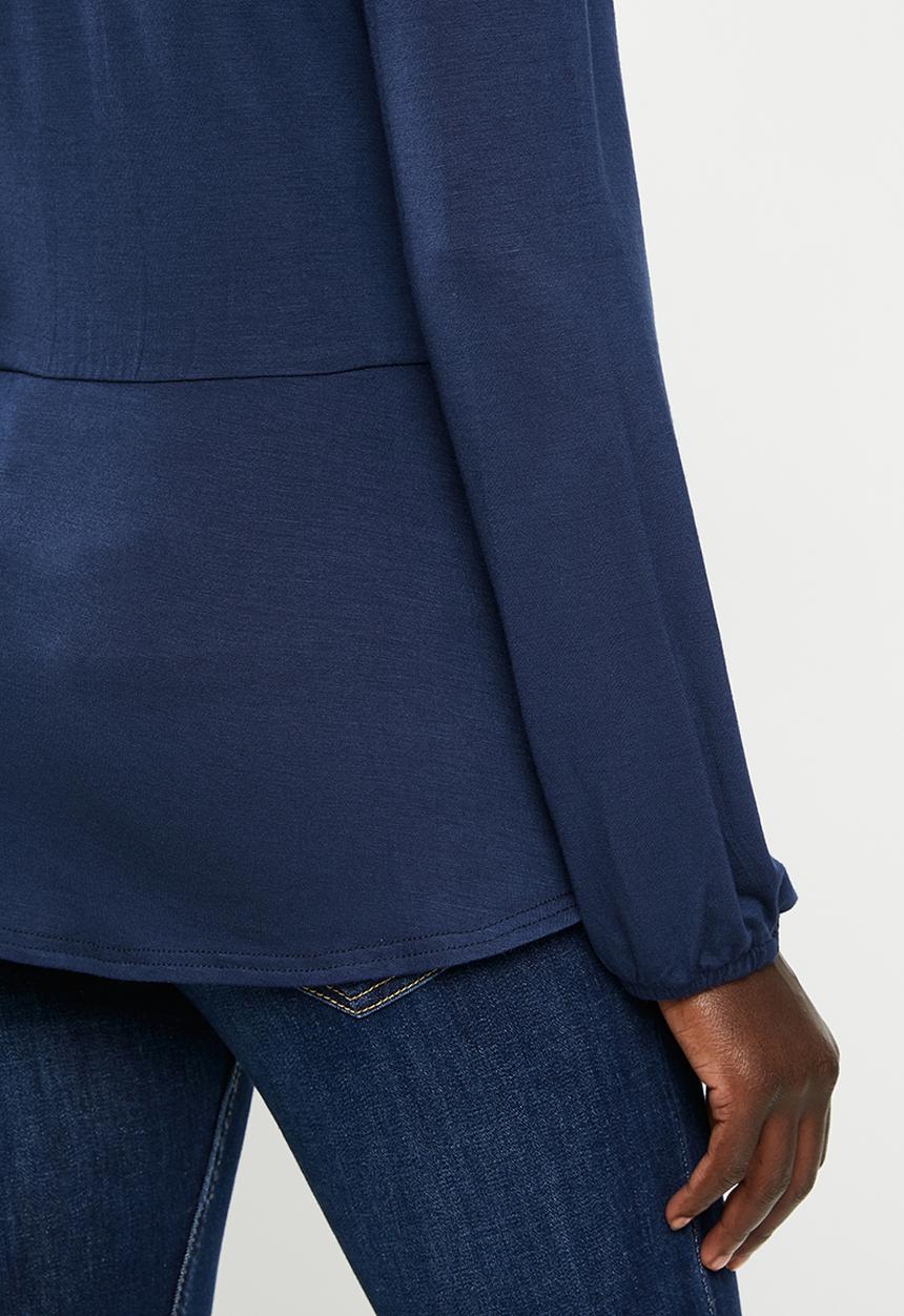 edit - Long sleeve waisted mock wrap top - navy
