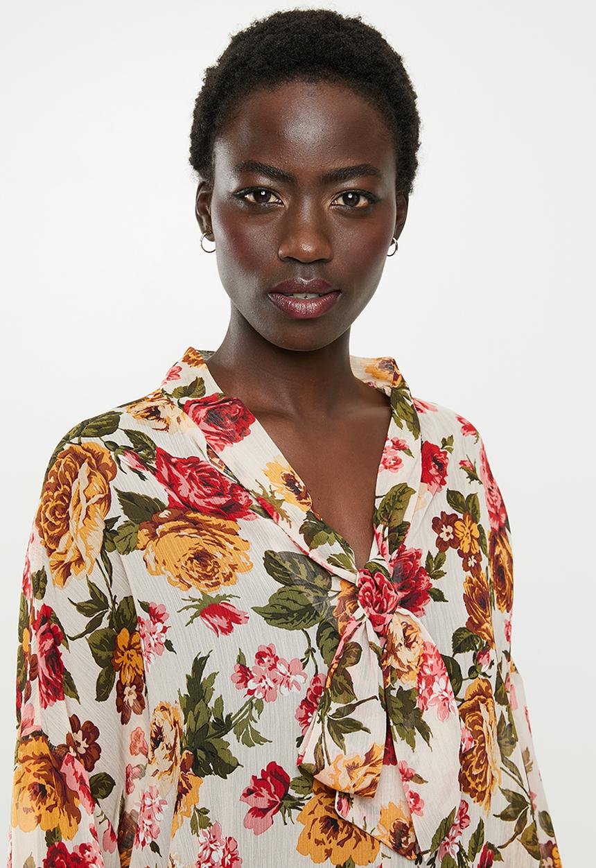 edit - Longsleeve chiffon kitty bow blouse - multi