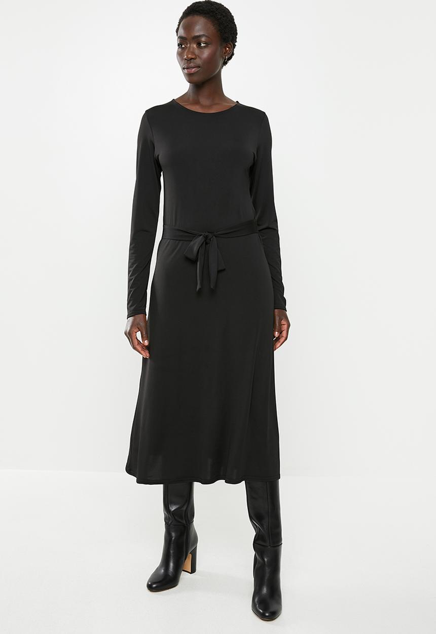 edit - Long sleeve belted midi fit & flare dress - black