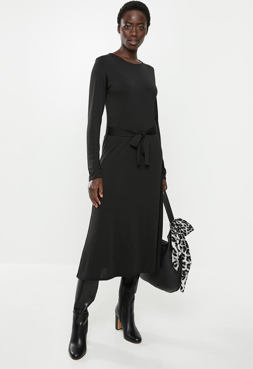 edit - Long sleeve belted midi fit & flare dress - black