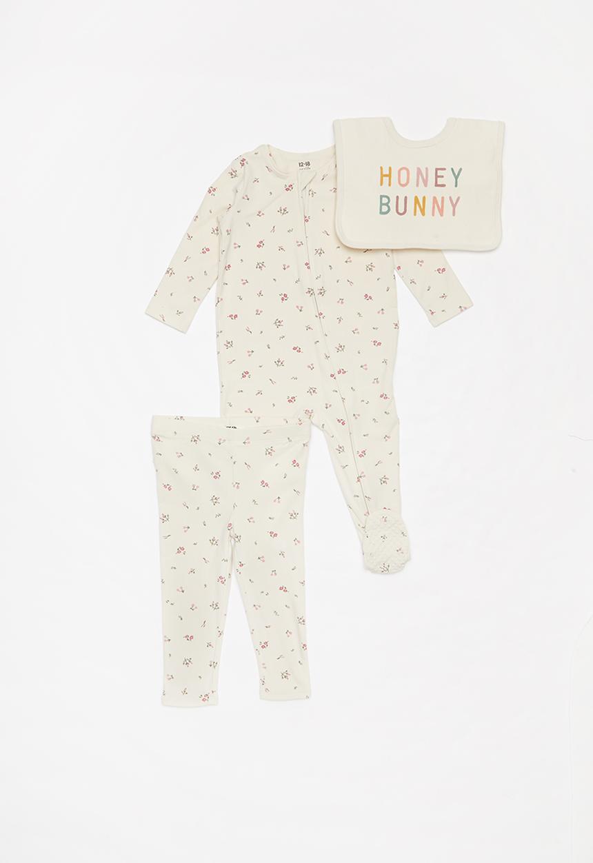 Cotton On - Long sleeve romper, legging & bib - floral fields