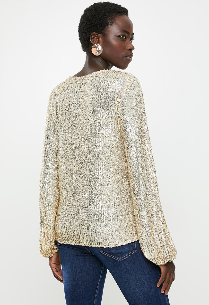 MILLA - Sequin blouse with balloon sleeve - champagne