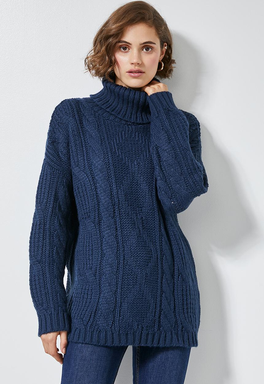 Superbalist - Roll neck cable jumper - navy