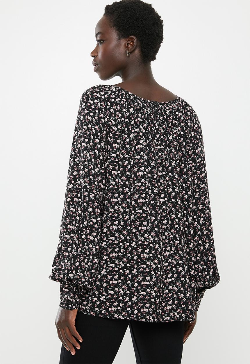edit - Gauged boat neck blouse - black & pink