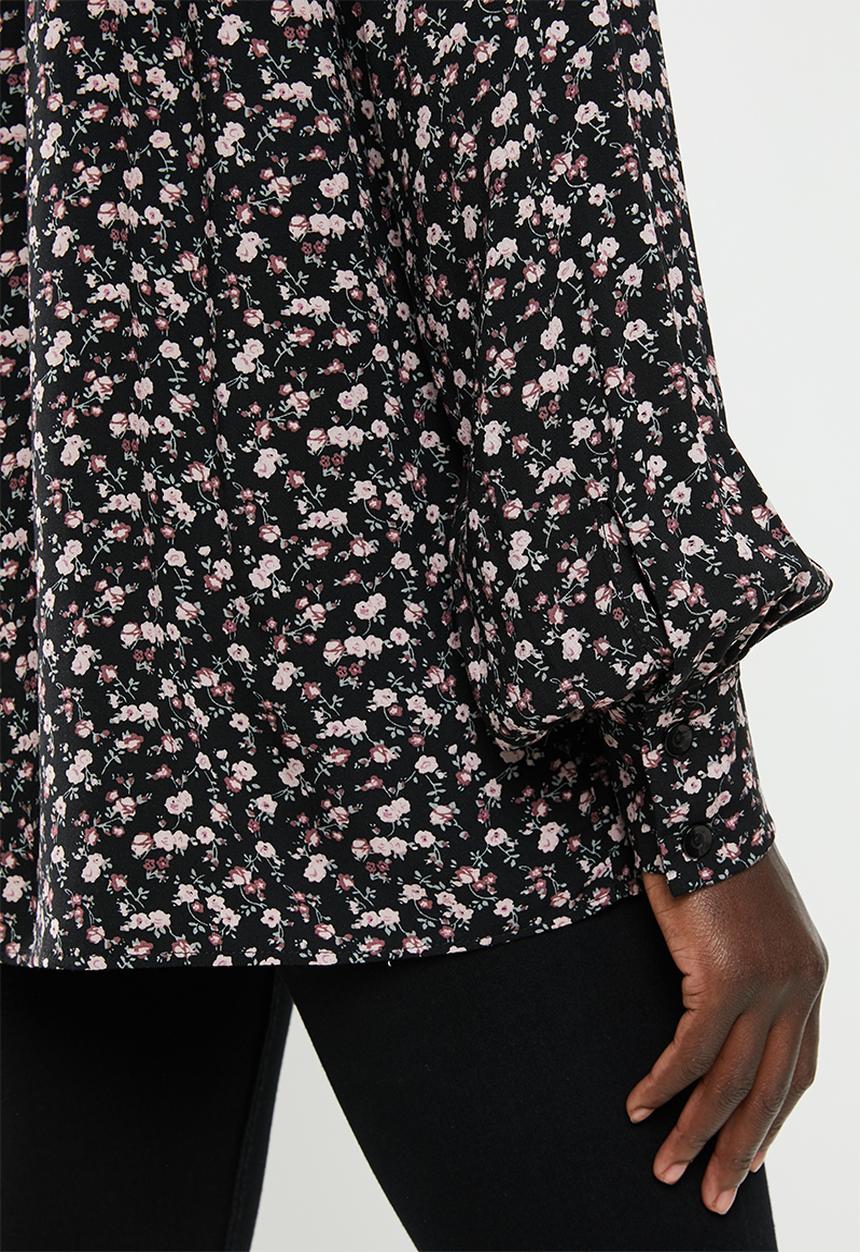 edit - Gauged boat neck blouse - black & pink